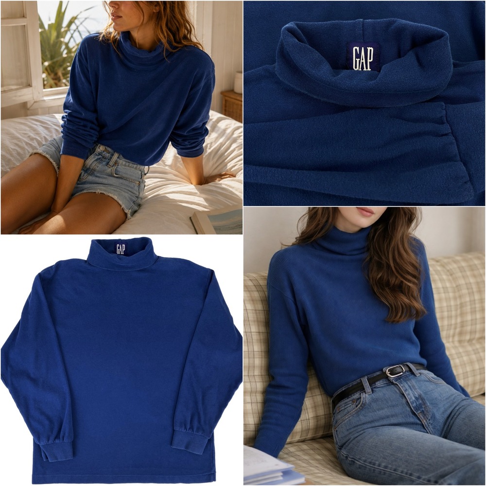 Vtg Gap‎ 90s Made in USA Cobalt Blue Turtleneck Cotton Jersey Tee L Unisex Layer